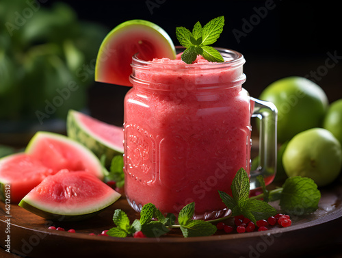 refreshing watermelon smoothie in a glass jar, garnished with fresh mint leaves and a slice of watermelon Generative AI
