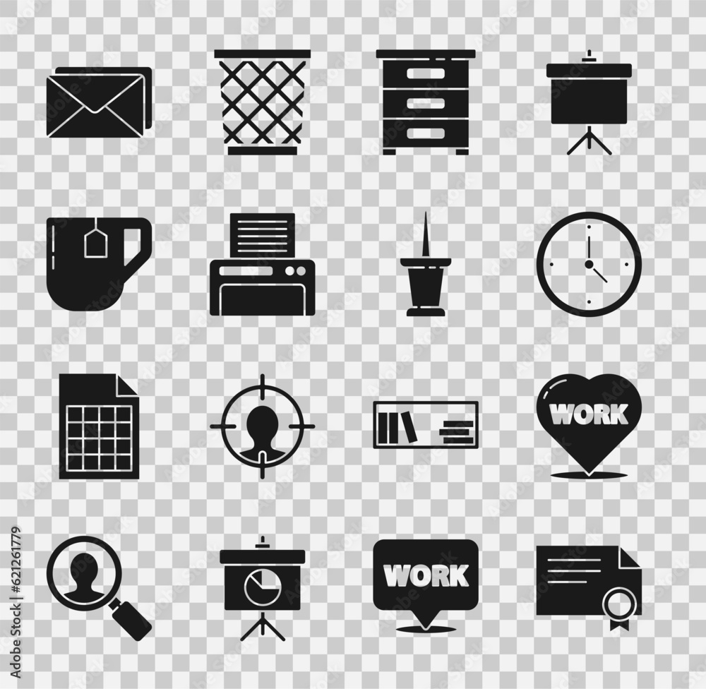 Set Certificate template, Heart with text work, Clock, Drawer documents, Printer, Cup of tea tea bag, Envelope and Push pin icon. Vector Set Certificate template, Heart with text work, Clock, Drawer documents, Printer, Cup of tea tea bag, Envelope and Push pin icon. Vector