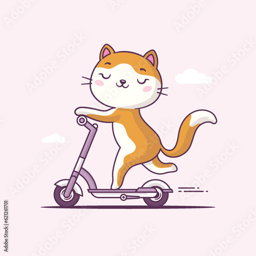 Cute cat riding on a push scooter vector cartoon illustration