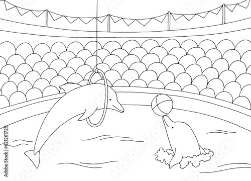 Dolphinarium graphic black white sketch illustration vector
