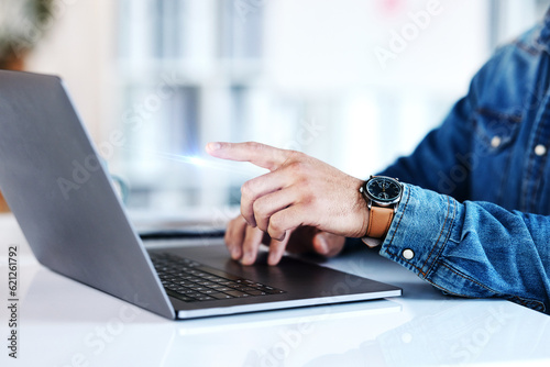 Laptop, schedule and hands of a planner working on a website, project or planning a strategy for a company. Search, internet and personal assistant typing or writing a report, email and in an office
