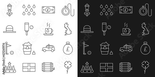 Set line Four leaf clover, Money bag with pound, England map, Pound sterling money, Wood cricket bat ball, Elegant women hat, Vintage street light and Cup of tea tea icon. Vector