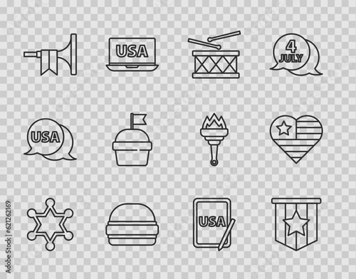 Set line Hexagram sheriff, American flag, Drum and drum sticks, Burger, Trumpet, Cake, USA on graphic tablet and Independence day icon. Vector