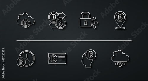 Set line Cryptocurrency cloud mining, Bitcoin with clock, think, Credit card bitcoin, exchange, and Lock icon. Vector