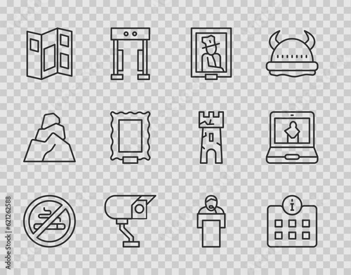 Set line No Smoking, Information, Portrait museum, Security camera, Museum guide brochure, Picture, Gives lecture and Online icon. Vector