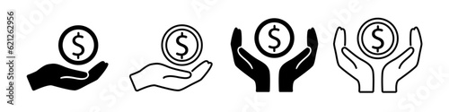 Set of icons of money in hands. Vector icons of money in the palms on an isolated background. Vector EPS 10