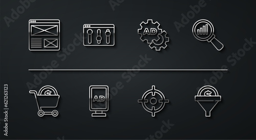 Set line Browser window, Shopping cart and dollar, Magnifying glass analysis, Target sport, Advertising, setting, Lead management and icon. Vector
