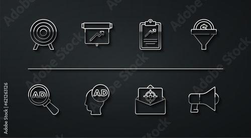 Set line Target sport, Advertising, Lead management, Mail and e-mail, Board with graph chart, Megaphone and Clipboard icon. Vector