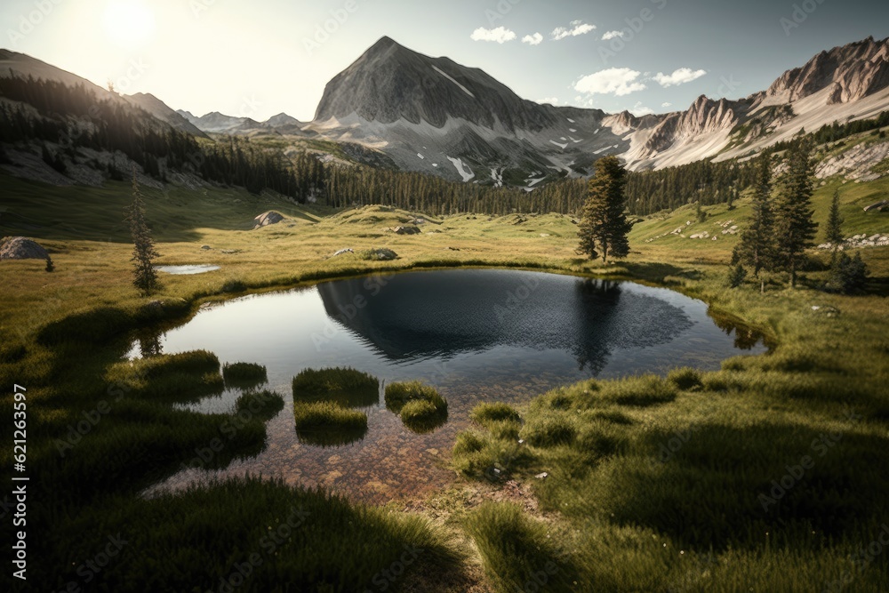 serene pond surrounded by lush green grass in the middle of a countryside field. Generative AI