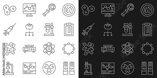 Set line Medical rubber gloves, Chemical formula, Clinical record, DNA research, search, Genetically modified food, Syringe, Cell division and Test tube flask stand icon. Vector