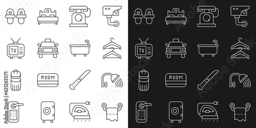 Set line Toilet paper roll, Shower head, Hanger wardrobe, Telephone handset, Taxi car, Retro tv, Hotel slippers and Bathtub icon. Vector