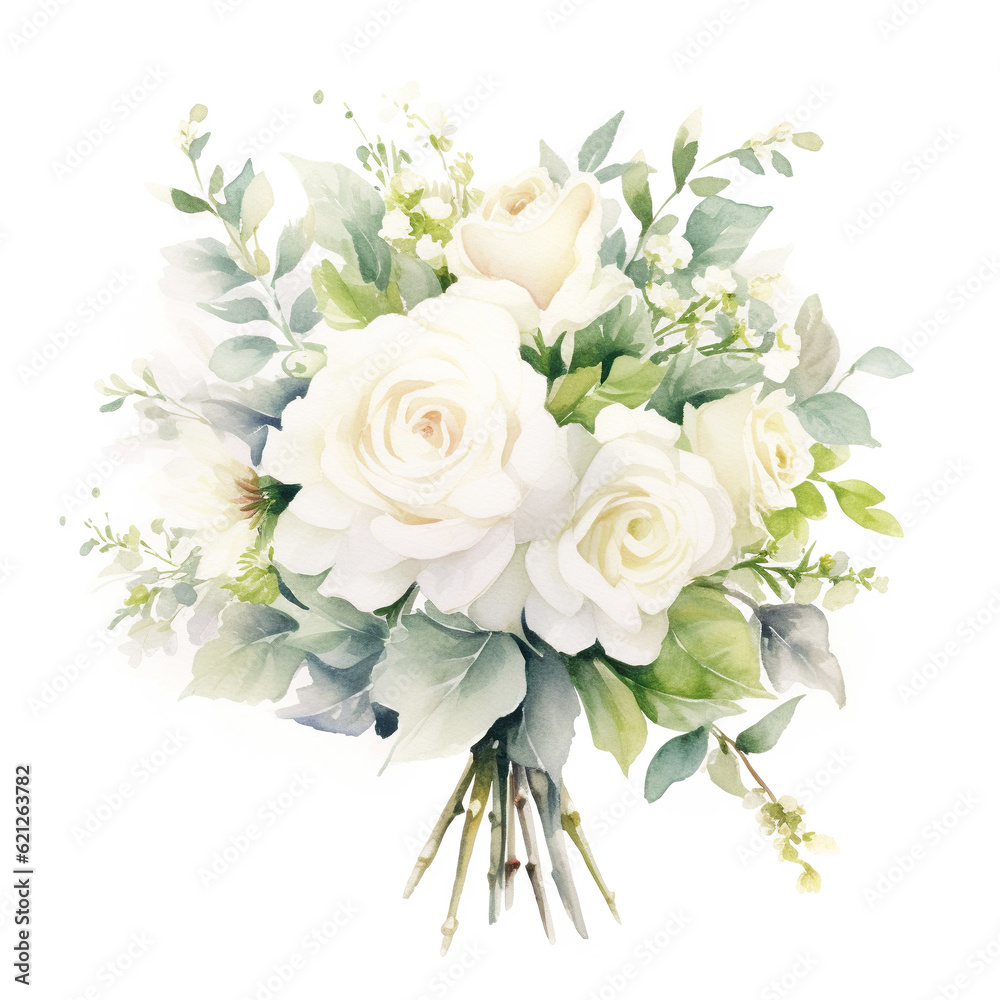 Bouquet of watercolor yellow roses isolated on white background