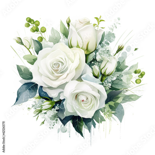 Bouquet of watercolor white roses isolated on white background