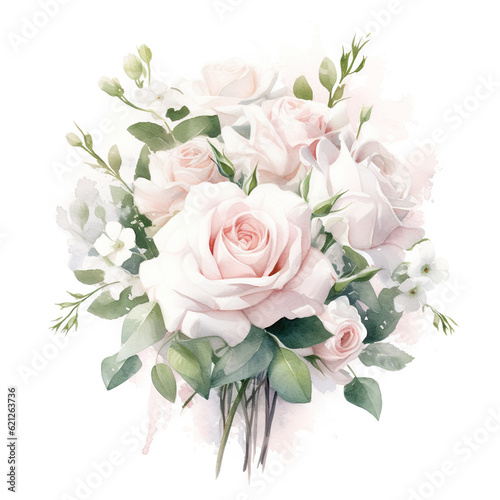 Bouquet of watercolor pink roses isolated on white background