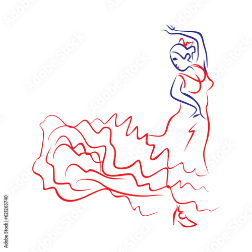 Continuous line drawing of a flamenco woman dancer. Hand drawn, vector illustration