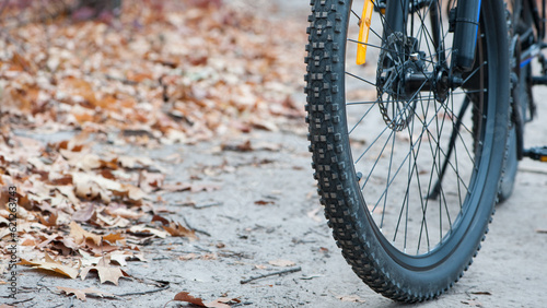 front wheel of a mountain bike. Mountain bike. stands on a forest road. concept of cycling, repair or breakage, sports, outdoor activities. bike on trail, front wheel in focus. space for text