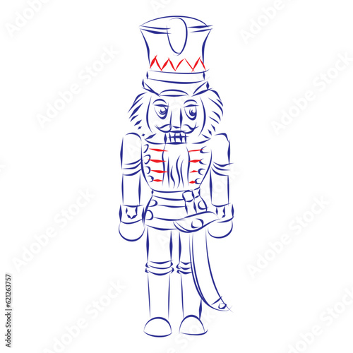 Continuous line drawing of a classic wooden nutcracker as a prussian soldier in his uniform. Hand drawn, vector illustration