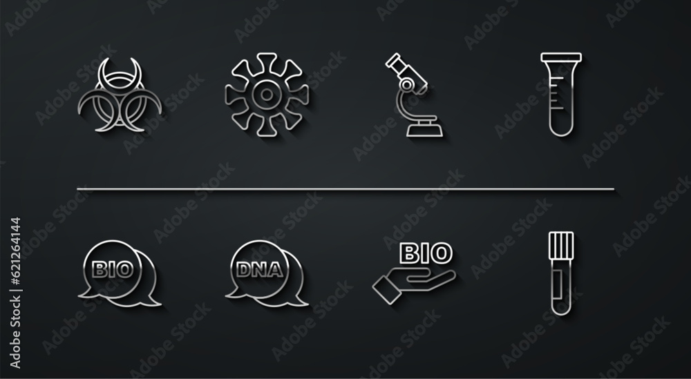Set line Biohazard symbol, healthy food, Test tube and flask, DNA, Bacteria, and Microscope icon. Vector Set line Biohazard symbol, healthy food, Test tube and flask, DNA, Bacteria, and Microscope icon. Vector
