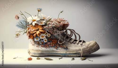 beautiful flowers in old sneaker Ai generative photo