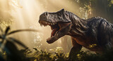 Tyrannosaurus rex in the forest, realistic and detailed dinosaur image, cinematic colors, generative ai