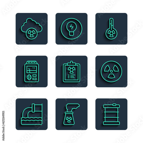 Set line Wastewater, Nuclear power plant, Radioactive waste in barrel, Meteorology thermometer, Radiation warning document, Dosimeter, Acid rain and radioactive cloud and icon. Vector