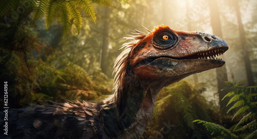 Deinonychus in the forest, realistic and detailed dinosaur portrait, cinematic colors, generative ai photo