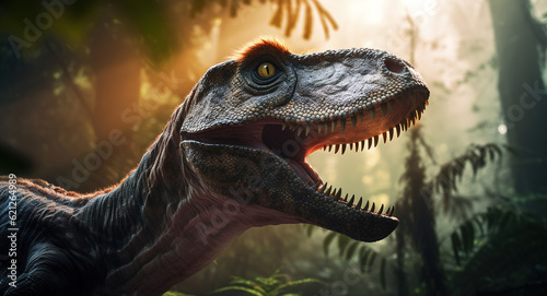 Velociraptor in the forest  realistic and detailed dinosaur portrait  cinematic colors  generative ai