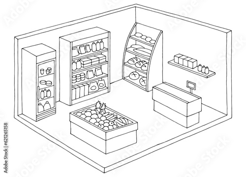 Grocery store shop interior black white graphic isolated sketch illustration vector 