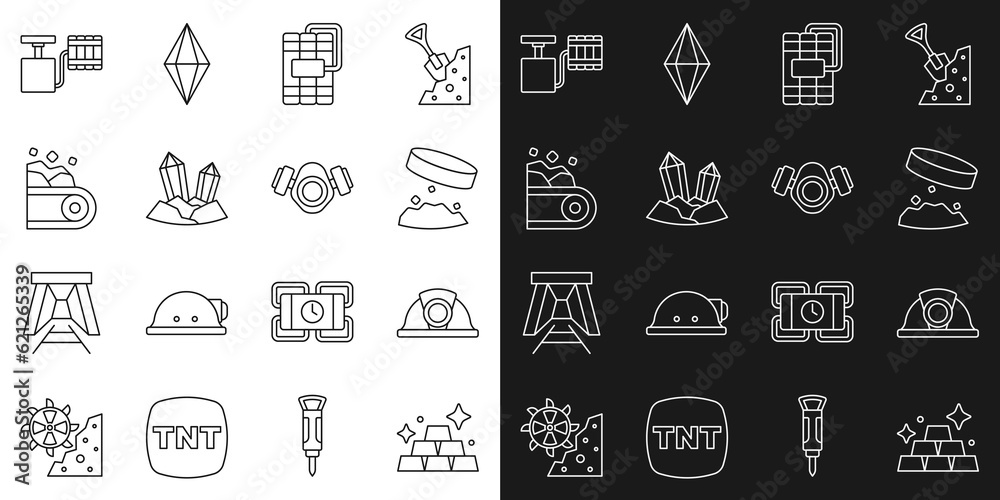 Set line Gold bars, Miner helmet, Giant magnet holding iron dust, Dynamite, Gem stone, Conveyor belt carrying coal, Handle detonator and Gas mask icon. Vector