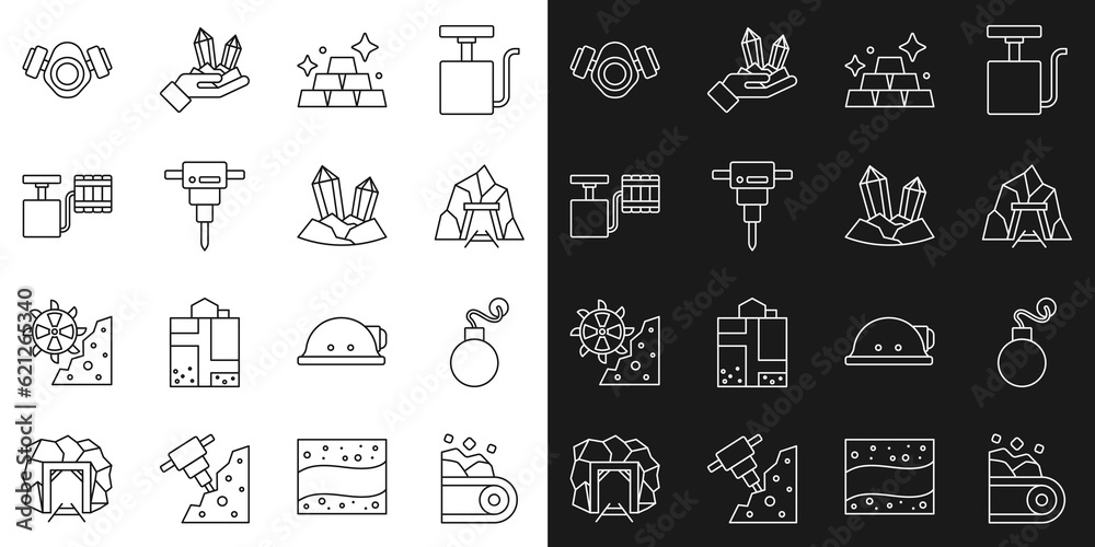 Set line Conveyor belt carrying coal, Bomb, Mine entrance, Gold bars, Construction jackhammer, Handle detonator, Gas mask and Gem stone icon. Vector Set line Conveyor belt carrying coal, Bomb, Mine entrance, Gold bars, Construction jackhammer, Handle detonator, Gas mask and Gem stone icon. Vector