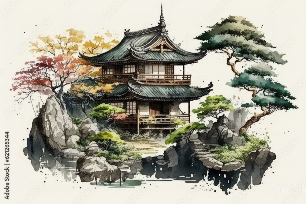 Obraz premium serene pagoda surrounded by lush trees in a watercolor painting. Generative AI
