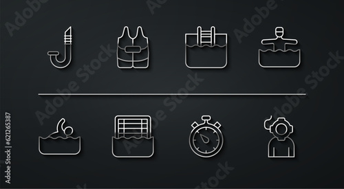 Set line Snorkel, Swimmer, Water gymnastics, Stopwatch, polo, Life jacket, Aqualung and Swimming pool with ladder icon. Vector