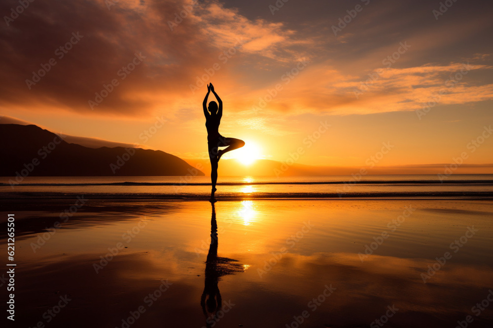 Woman in a tree pose. Yoga on the beach during sunset. AI generated
