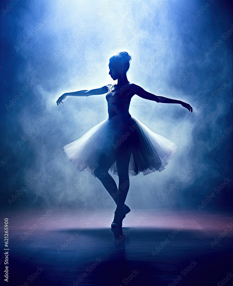 Generative AI illustration of dramatic ballet on stage with smoky moody ...