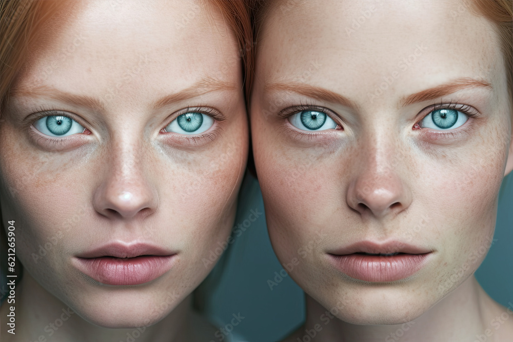 Generative AI illustration of stunning redhead with green eyes close up portrait