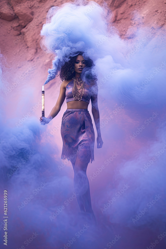 Generative AI illustration of attractive young woman in landscape with purple and blue smoke swirling around her from smoke bomb