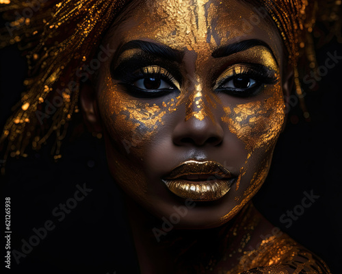 Generative AI illustration of stunning dramatic strong African American woman with black and gold Egyptian theme portrait