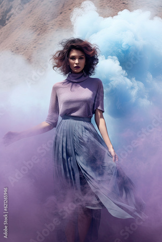 Generative AI illustration of attractive young woman in landscape with purple and blue smoke swirling around her from smoke bomb