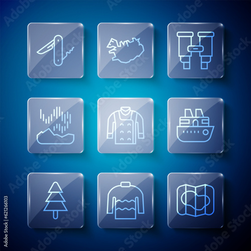 Set line Tree, Sweater, Map of Iceland, Binoculars, Northern lights, Swiss army knife and Cruise ship icon. Vector
