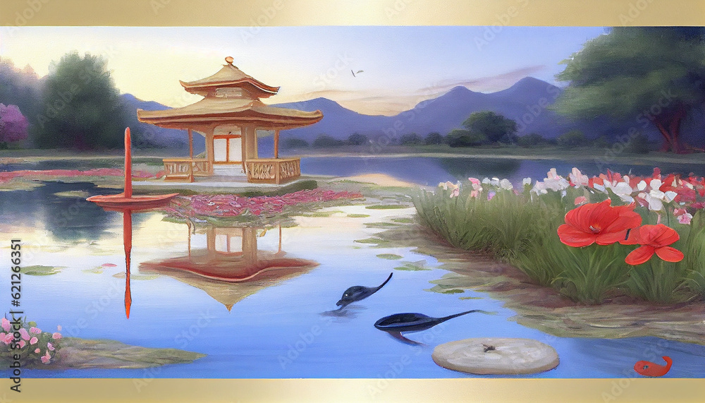 Obraz premium Generative AI japanese garden in spring