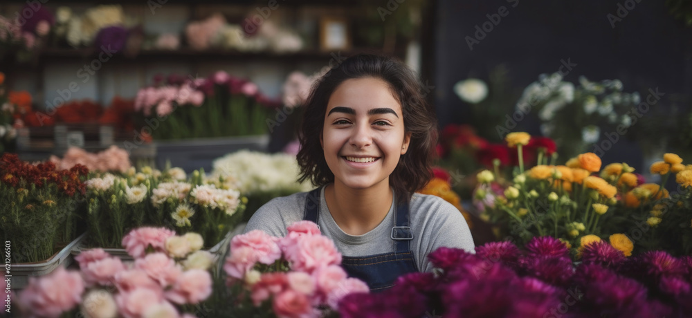 Confident Woman Exudes Happiness in Her Flourishing Flower Shop. Generative AI