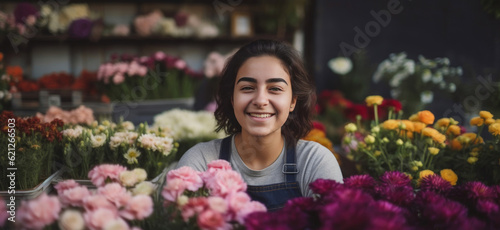 Confident Woman Exudes Happiness in Her Flourishing Flower Shop. Generative AI