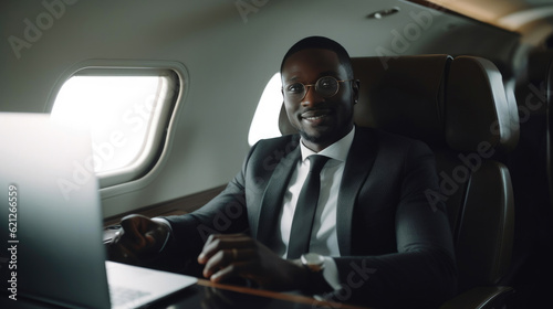 Smiling Businessman in a Private Plane. Generative AI