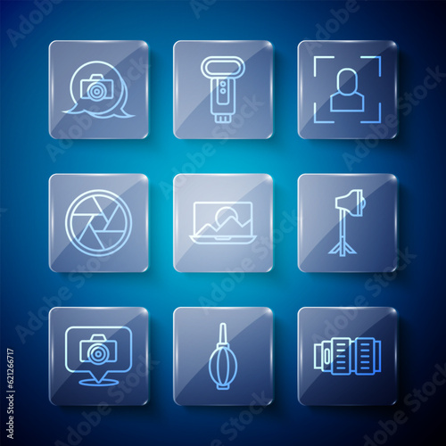 Set line Photo camera, Dust blower, Camera photo lens, focus frame line, retouching, shutter, and Studio light bulb softbox icon. Vector