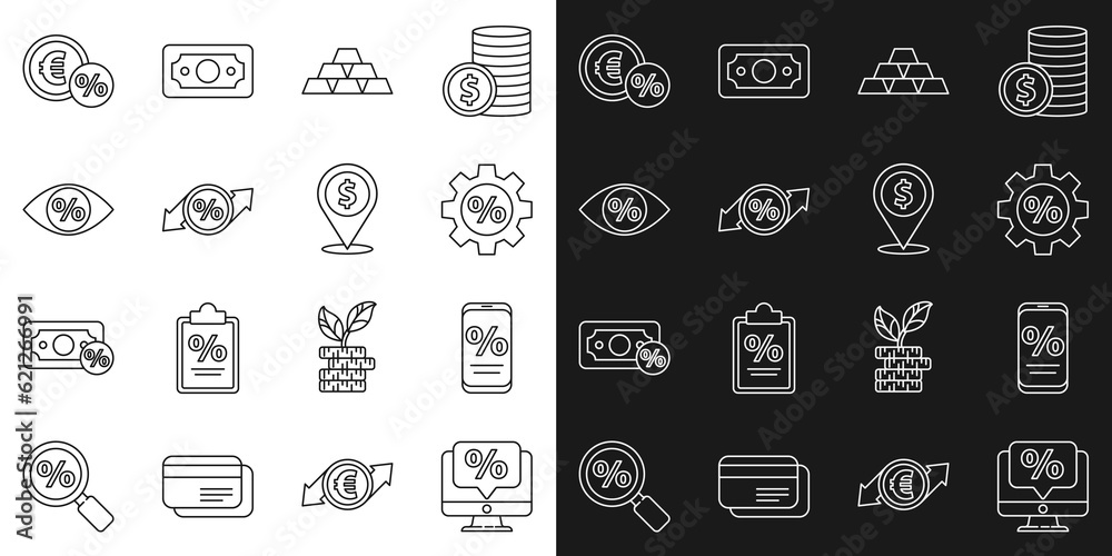 Set line Percent discount and monitor, mobile, Gear with percent, Gold bars, Discount tag, Eye, Money coin and Cash location icon. Vector Set line Percent discount and monitor, mobile, Gear with percent, Gold bars, Discount tag, Eye, Money coin and Cash location icon. Vector
