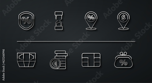 Set line Loan percent, Stacks paper money cash, Cash location, Credit card with chip, Coin euro symbol, Old hourglass, Purse and Location discount icon. Vector
