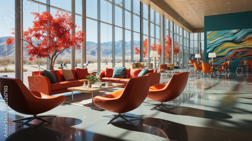 Generative ai illustration of a modern airport lounge space with sleek,