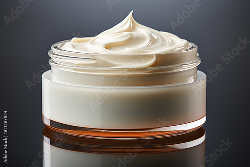 cream jar on the table, cosmetic product on black background.