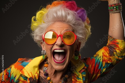 Very Happy Old Woman Colorfull Dress Studio Photo Rainbow Hair. Generative AI