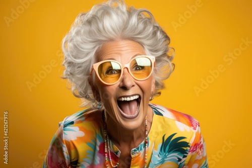 Very Happy Old Woman Yellow Background Studio Photo. Generative AI
